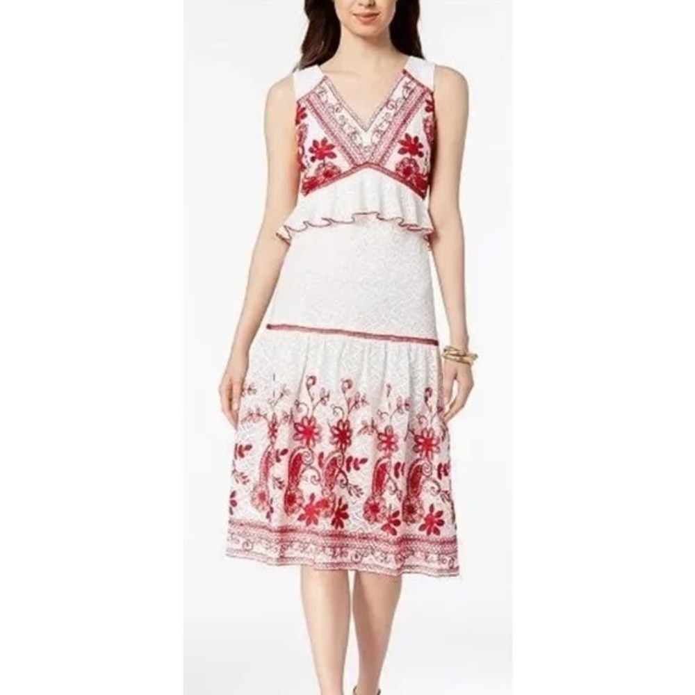 JAX Black Label Women's V Neck Ivory Red Floral Paisley Embroidered Maxi Dress